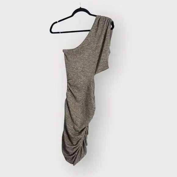 NEW Noughts and Kisses bronze metallic one shoulder rouched dress with open side - Picture 2 of 9